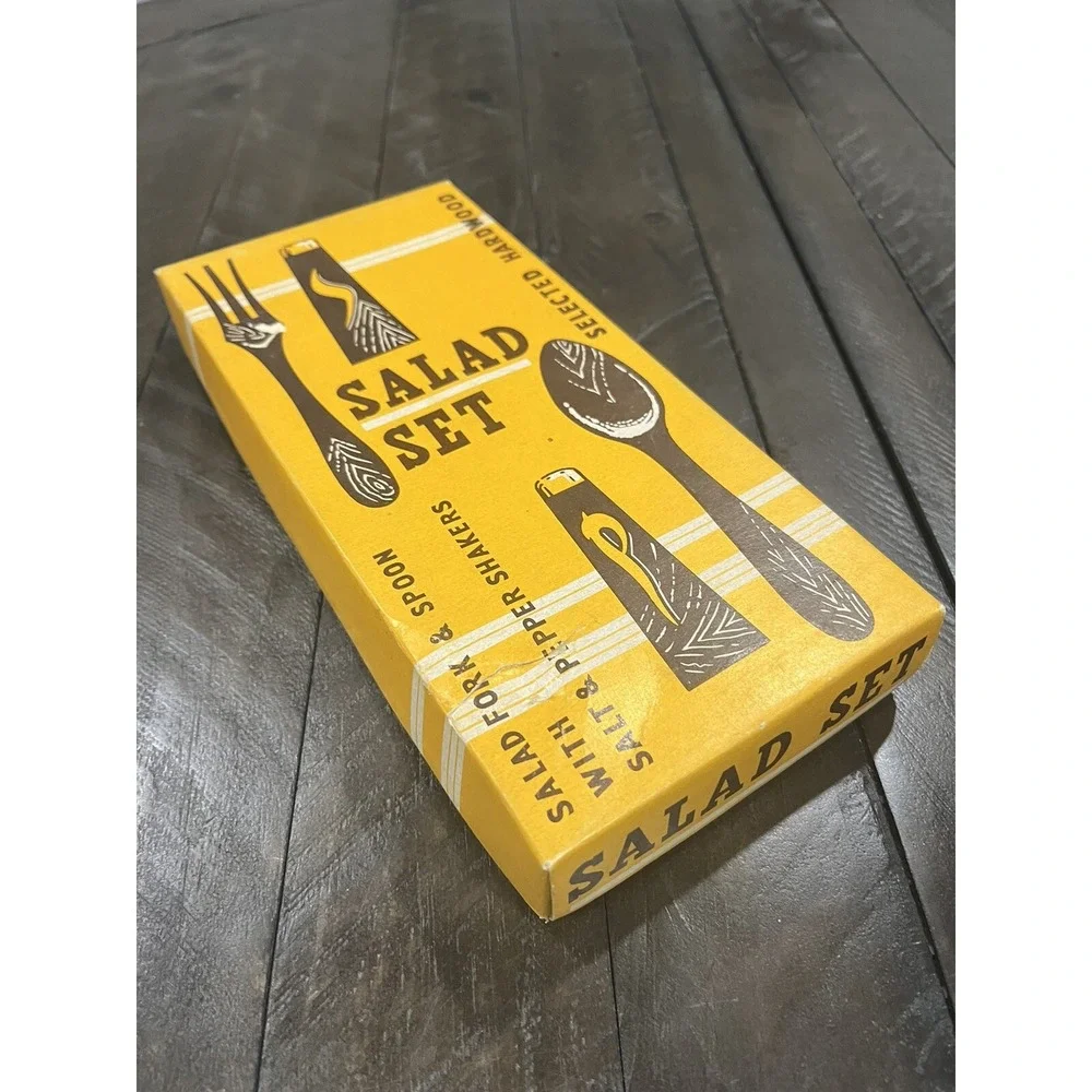 Dark Wooden Salad Fork Spoon Salt Pepper Shakers Set New Japan Tiki‎ Vintage